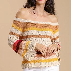 B41 Umgee Color Block Long Sleeve Pointelle Knit Pullover Sweater Cream NEW